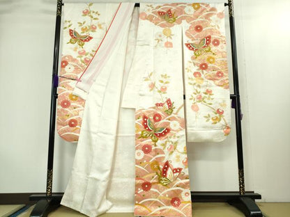 平和屋本店●極上　銀座世きね　振袖・長襦袢(無双仕立て)セット　駒刺繍　舞蝶橘花文　金彩　逸品　DZAB1988kh6