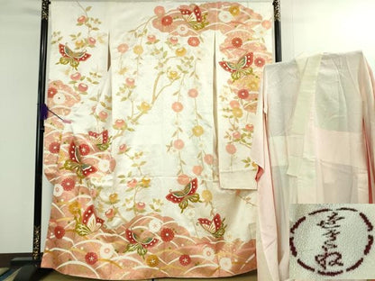 平和屋本店●極上　銀座世きね　振袖・長襦袢(無双仕立て)セット　駒刺繍　舞蝶橘花文　金彩　逸品　DZAB1988kh6