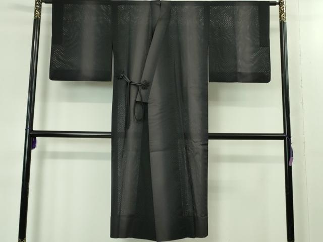平和屋着物▽極上　道中着　スリーシーズン　春夏秋　塵除け　ロング丈　市松紋紗　黒地　反端付き　逸品　DZAB1998kh6