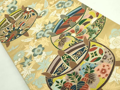 平和屋着物●極上 西陣 白綾苑大庭 六通柄袋帯 糸車花文 金糸 逸品 DZAB2002kh6