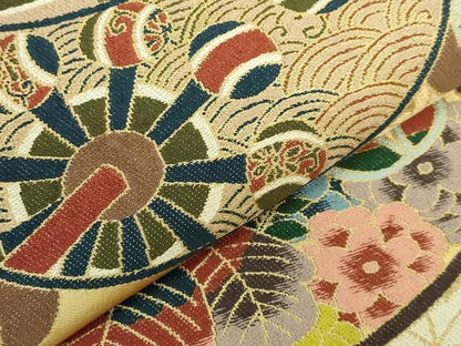 平和屋着物●極上 西陣 白綾苑大庭 六通柄袋帯 糸車花文 金糸 逸品 DZAB2002kh6