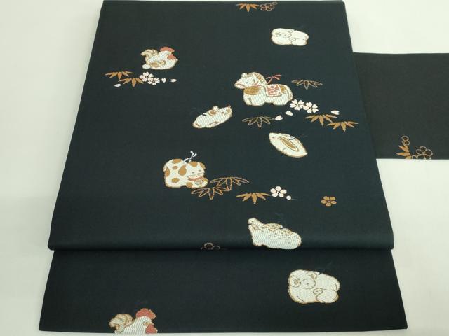 平和屋着物●極上　九寸名古屋帯　十二支　干支　土鈴　黒地　金糸　逸品　DZAB2012kh6
