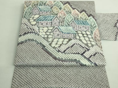 平和屋着物●極上　名門　藤娘きぬたや・総絞り　九寸名古屋帯　風景文　逸品　DZAB2014kh6