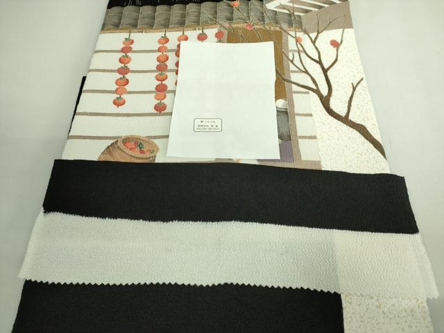 平和屋本店●極上　名門染元　秀美　十日町友禅　九寸名古屋帯　猫　柿　黒地　鬼しぼ縮緬　反端付き　逸品　未使用　DZAB2016kh6