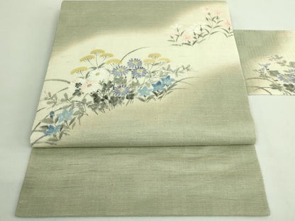平和屋着物＊極上 夏物 染色作家 桐山紫香 手描き 九寸名古屋帯 草花文 麻 逸品 DZAB2022kh6