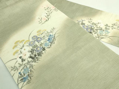 平和屋着物＊極上 夏物 染色作家 桐山紫香 手描き 九寸名古屋帯 草花文 麻 逸品 DZAB2022kh6