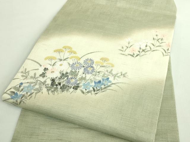 平和屋着物＊極上 夏物 染色作家 桐山紫香 手描き 九寸名古屋帯 草花文 麻 逸品 DZAB2022kh6