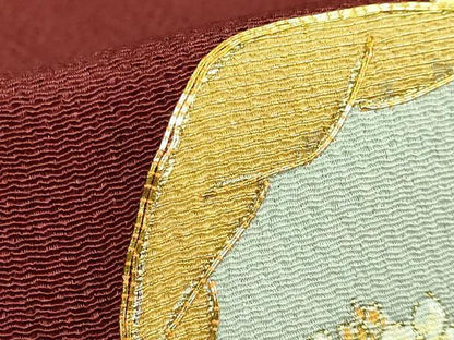 平和屋本店●極上　銀座　志ま亀　九寸名古屋帯　駒刺繍　貝合わせ花文　赤銅色地　金彩　鬼しぼ縮緬　たとう紙付き　逸品　DZAB2027kh6