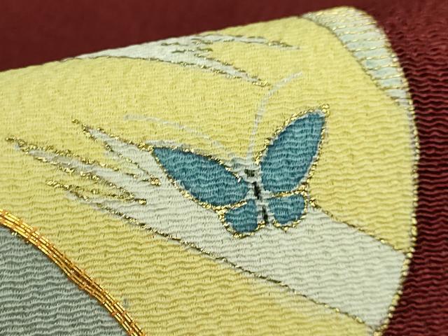 平和屋本店●極上　銀座　志ま亀　九寸名古屋帯　駒刺繍　貝合わせ花文　赤銅色地　金彩　鬼しぼ縮緬　たとう紙付き　逸品　DZAB2027kh6 平和屋本店○極上 銀座 志ま亀 九寸名古屋帯 駒刺繍 貝