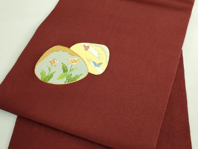 平和屋本店●極上　銀座　志ま亀　九寸名古屋帯　駒刺繍　貝合わせ花文　赤銅色地　金彩　鬼しぼ縮緬　たとう紙付き　逸品　DZAB2027kh6