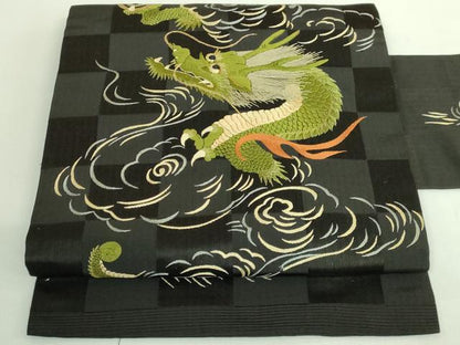 平和屋本店●極上　アンティーク　大正ロマン　九寸名古屋帯　総手刺繍　雲龍　黒地　逸品　DZAB2046kh6