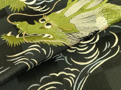 平和屋本店●極上　アンティーク　大正ロマン　九寸名古屋帯　総手刺繍　雲龍　黒地　逸品　DZAB2046kh6