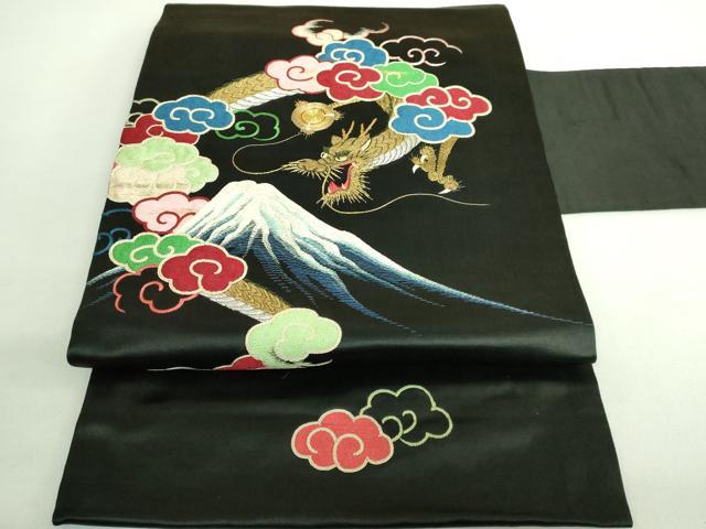 平和屋着物●極上　アンティーク　大正ロマン　九寸名古屋帯　総手刺繍　富士山　龍　黒地　金糸　逸品　DZAB2047kh6