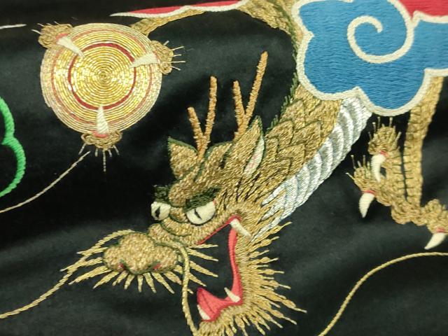 平和屋着物●極上　アンティーク　大正ロマン　九寸名古屋帯　総手刺繍　富士山　龍　黒地　金糸　逸品　DZAB2047kh6