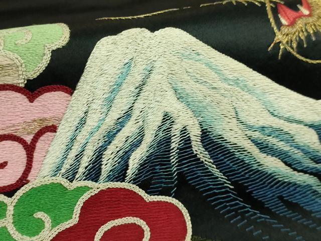 平和屋着物●極上　アンティーク　大正ロマン　九寸名古屋帯　総手刺繍　富士山　龍　黒地　金糸　逸品　DZAB2047kh6