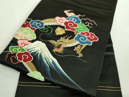 平和屋着物●極上　アンティーク　大正ロマン　九寸名古屋帯　総手刺繍　富士山　龍　黒地　金糸　逸品　DZAB2047kh6