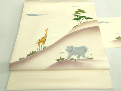 平和屋着物●極上　塩瀬　九寸名古屋帯　象　キリン　五泉　反端付き　逸品　DZAB2049kh6