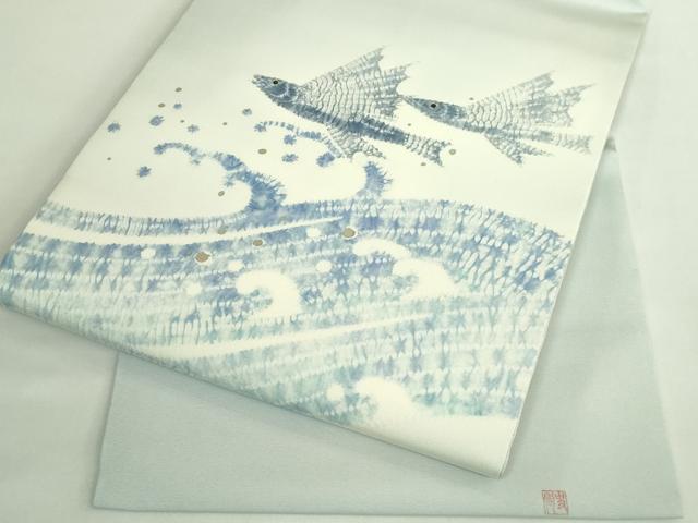 平和屋着物●極上　京都府指定無形文化財　染色作家　小倉建亮の弟子　市瀬史郎　塩瀬　九寸名古屋帯　トビウオ　銀彩　逸品　DZAB2088kh6