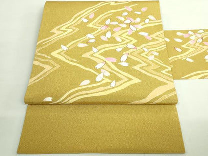 平和屋着物●極上　九寸名古屋帯　駒刺繍　舞桜　芥子色地　金彩　鬼しぼ縮緬　ゑり善扱い　逸品　DZAB2089kh6