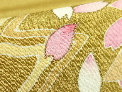 平和屋着物●極上　九寸名古屋帯　駒刺繍　舞桜　芥子色地　金彩　鬼しぼ縮緬　ゑり善扱い　逸品　DZAB2089kh6