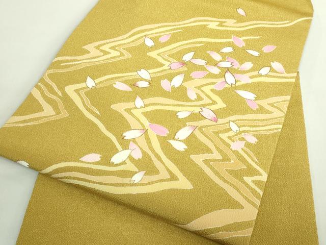 平和屋着物●極上　九寸名古屋帯　駒刺繍　舞桜　芥子色地　金彩　鬼しぼ縮緬　ゑり善扱い　逸品　DZAB2089kh6