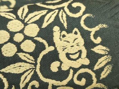 平和屋着物●極上 六通柄袋帯 唐織 ぬれぬき 花丸文 招き猫 吉村織物 羊羹色地 逸品 DZAB2097kh6