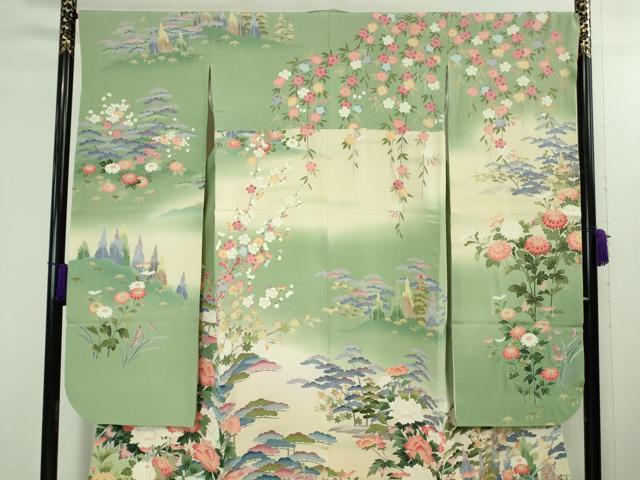 平和屋本店●極上　十日町友禅作家　岡村蒼風　振袖　吉祥花松文　暈し染め　裏葉柳色地　鈴乃屋扱い　逸品　DZAB2102kh6