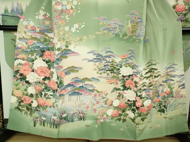 平和屋本店●極上　十日町友禅作家　岡村蒼風　振袖　吉祥花松文　暈し染め　裏葉柳色地　鈴乃屋扱い　逸品　DZAB2102kh6