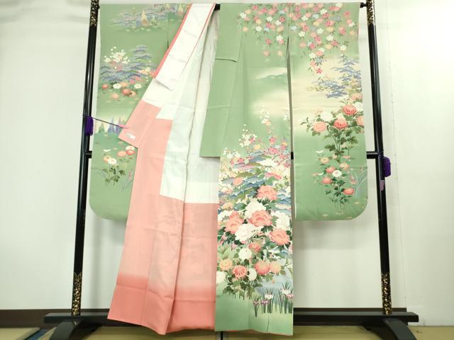 平和屋本店●極上　十日町友禅作家　岡村蒼風　振袖　吉祥花松文　暈し染め　裏葉柳色地　鈴乃屋扱い　逸品　DZAB2102kh6