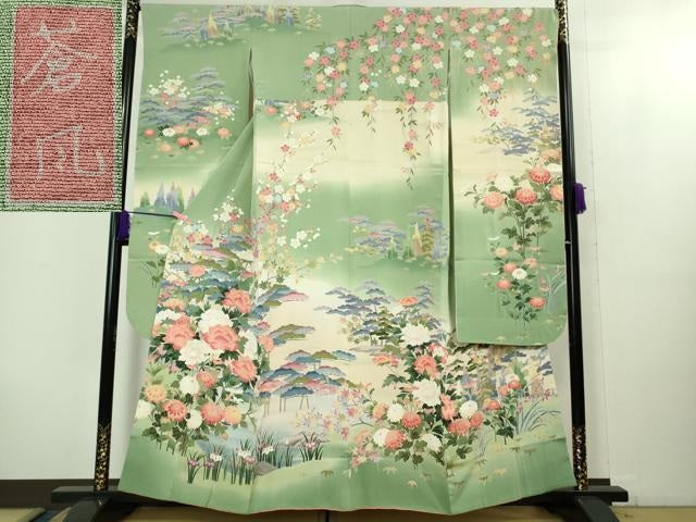 平和屋本店●極上　十日町友禅作家　岡村蒼風　振袖　吉祥花松文　暈し染め　裏葉柳色地　鈴乃屋扱い　逸品　DZAB2102kh6
