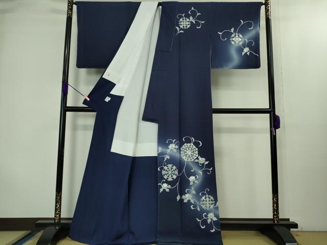 平和屋本店●極上　訪問着　佐賀錦　刺繍　花唐草文　紺青色地　暈し染め　銀糸　逸品　未使用　DZAB2103kh6