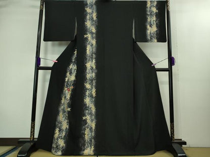 平和屋着物●極上　訪問着　刺繍　草花間道　たたき染め　黒地　金彩　逸品　DZAB2105kh6