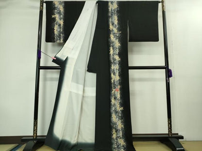 平和屋着物●極上　訪問着　刺繍　草花間道　たたき染め　黒地　金彩　逸品　DZAB2105kh6