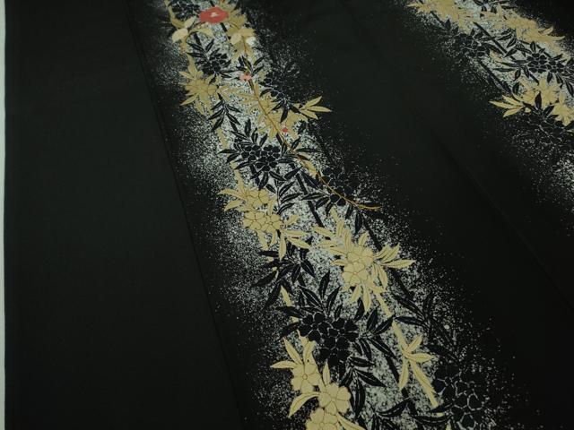 平和屋着物●極上　訪問着　刺繍　草花間道　たたき染め　黒地　金彩　逸品　DZAB2105kh6