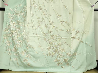 平和屋本店●極上　訪問着　総手刺繍　枝垂れ花　暈し染め　金糸　反端付き　逸品　未使用　DZAB2107kh6