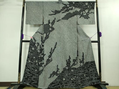 平和屋着物●極上　訪問着　絞り　流水花文　黒地　逸品　DZAB2108kh6