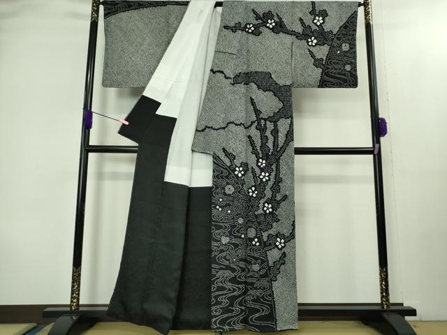 平和屋着物●極上　訪問着　絞り　流水花文　黒地　逸品　DZAB2108kh6