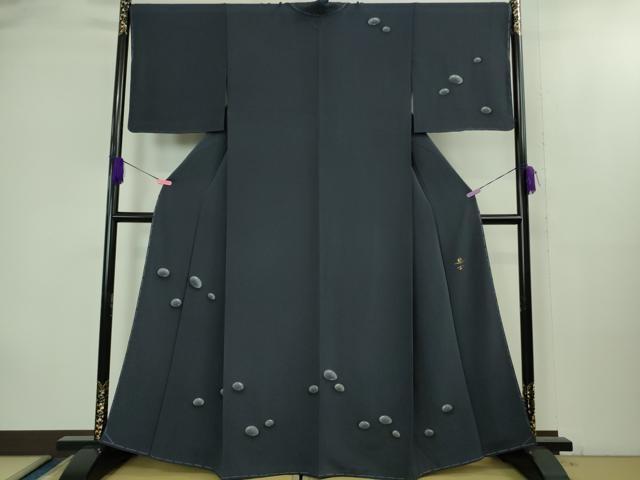 平和屋着物●極上　洛楽人工房　訪問着　手描き　水滴　青褐色地　金彩　鬼しぼ縮緬　逸品　未使用　DZAB2113kh6