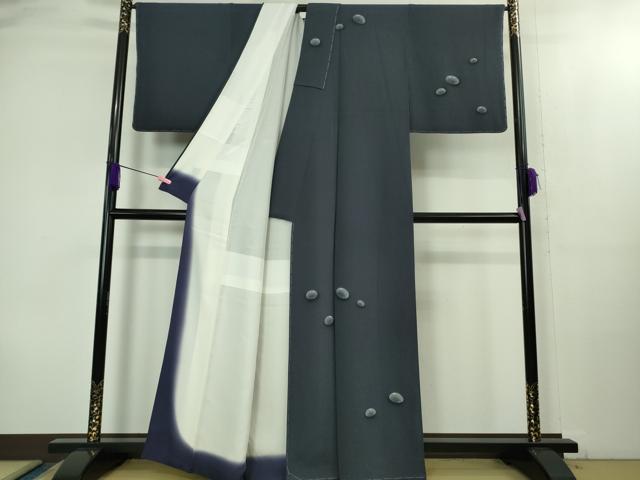 平和屋着物●極上　洛楽人工房　訪問着　手描き　水滴　青褐色地　金彩　鬼しぼ縮緬　逸品　未使用　DZAB2113kh6