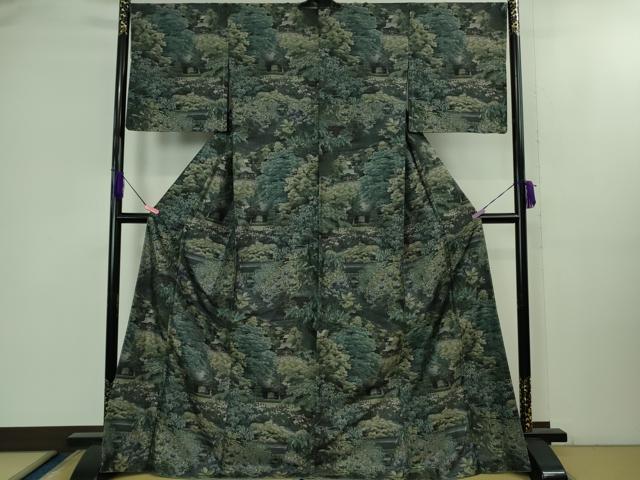 着物 大島紬 黒地 幾何学文様 絹　未使用品 平和屋着物○極上 都喜ヱ門 本場大島紬 総絣 名所風景花