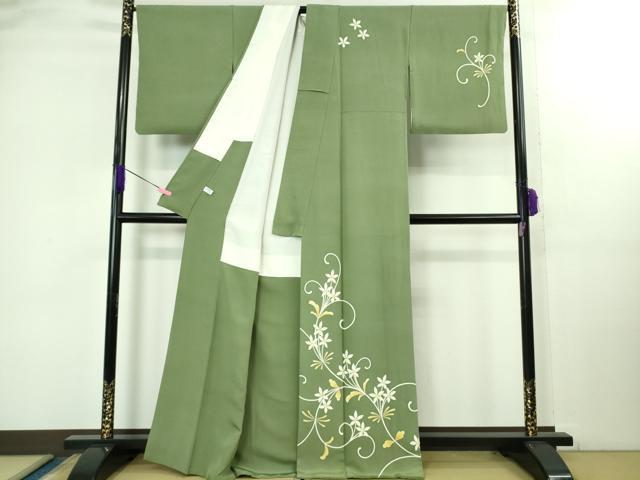 平和屋本店●極上　本加賀友禅作家　鬼島武司　訪問着　花唐草文　柳染色地　逸品　DZAB2136kh6