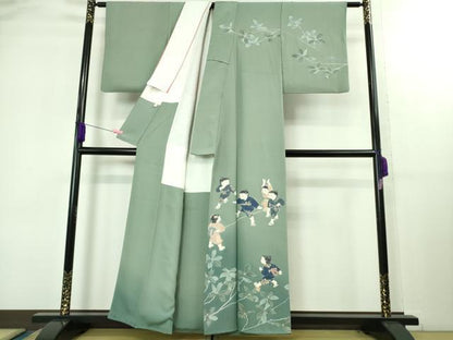 平和屋着物●極上　十日町友禅作家　関口遼一　訪問着　手描き　童子遊び　錆青磁色地　暈し染め　逸品　DZAB2137kh6