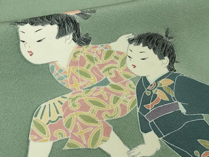 平和屋着物●極上　十日町友禅作家　関口遼一　訪問着　手描き　童子遊び　錆青磁色地　暈し染め　逸品　DZAB2137kh6