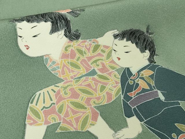 平和屋着物●極上　十日町友禅作家　関口遼一　訪問着　手描き　童子遊び　錆青磁色地　暈し染め　逸品　DZAB2137kh6