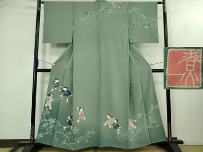平和屋着物●極上　十日町友禅作家　関口遼一　訪問着　手描き　童子遊び　錆青磁色地　暈し染め　逸品　DZAB2137kh6
