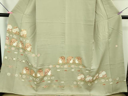 平和屋着物●極上　色留袖　作家物　駒刺繍　花兎　柳鼠色地　金彩　三越扱い　反端付き　逸品　DZAB2138kh6
