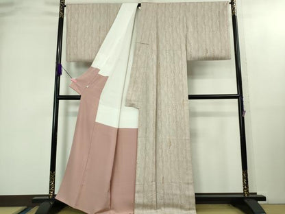 平和屋着物●極上　手染屋　吉兵衛　小紋　舞葉間道　枯色地　反端付き　逸品　DZAB2141kh6