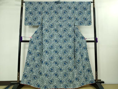 平和屋着物●極上　本藍　型絵染　小紋　ふくら雀　笹　鬼しぼ縮緬　逸品　未使用　DZAB2144kh6
