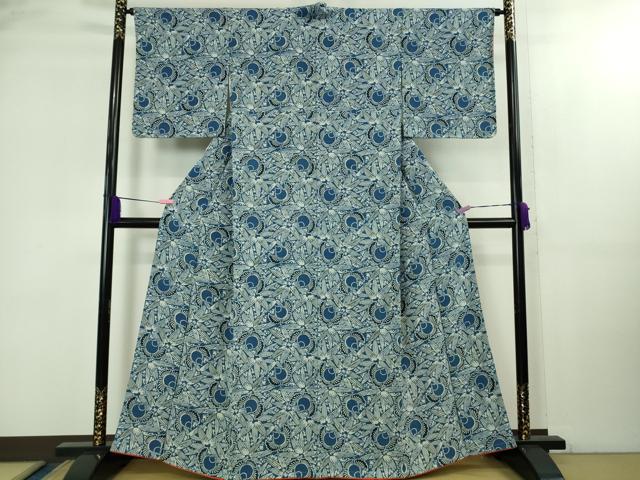 平和屋着物●極上　本藍　型絵染　小紋　ふくら雀　笹　鬼しぼ縮緬　逸品　未使用　DZAB2144kh6