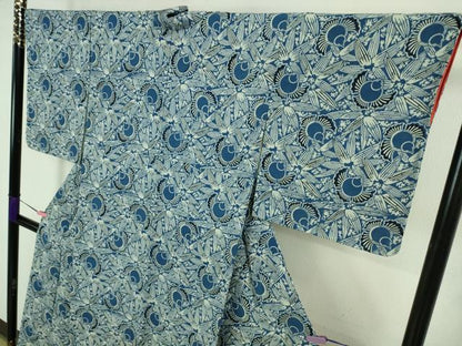 平和屋着物●極上　本藍　型絵染　小紋　ふくら雀　笹　鬼しぼ縮緬　逸品　未使用　DZAB2144kh6